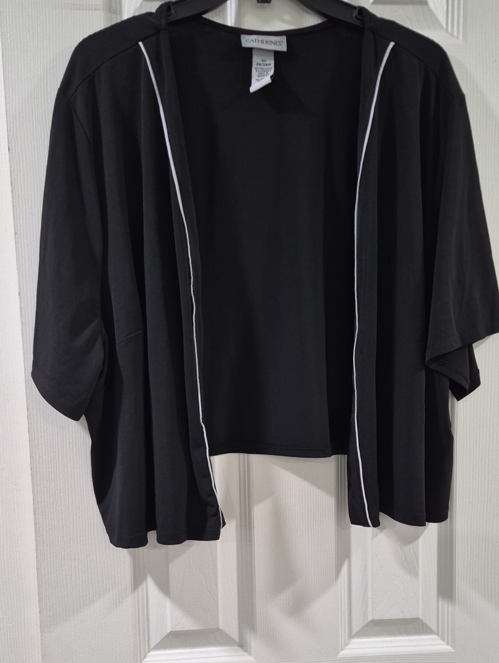 Catherines Black Open-Front Short Sleeve Cardigan with White Trim
